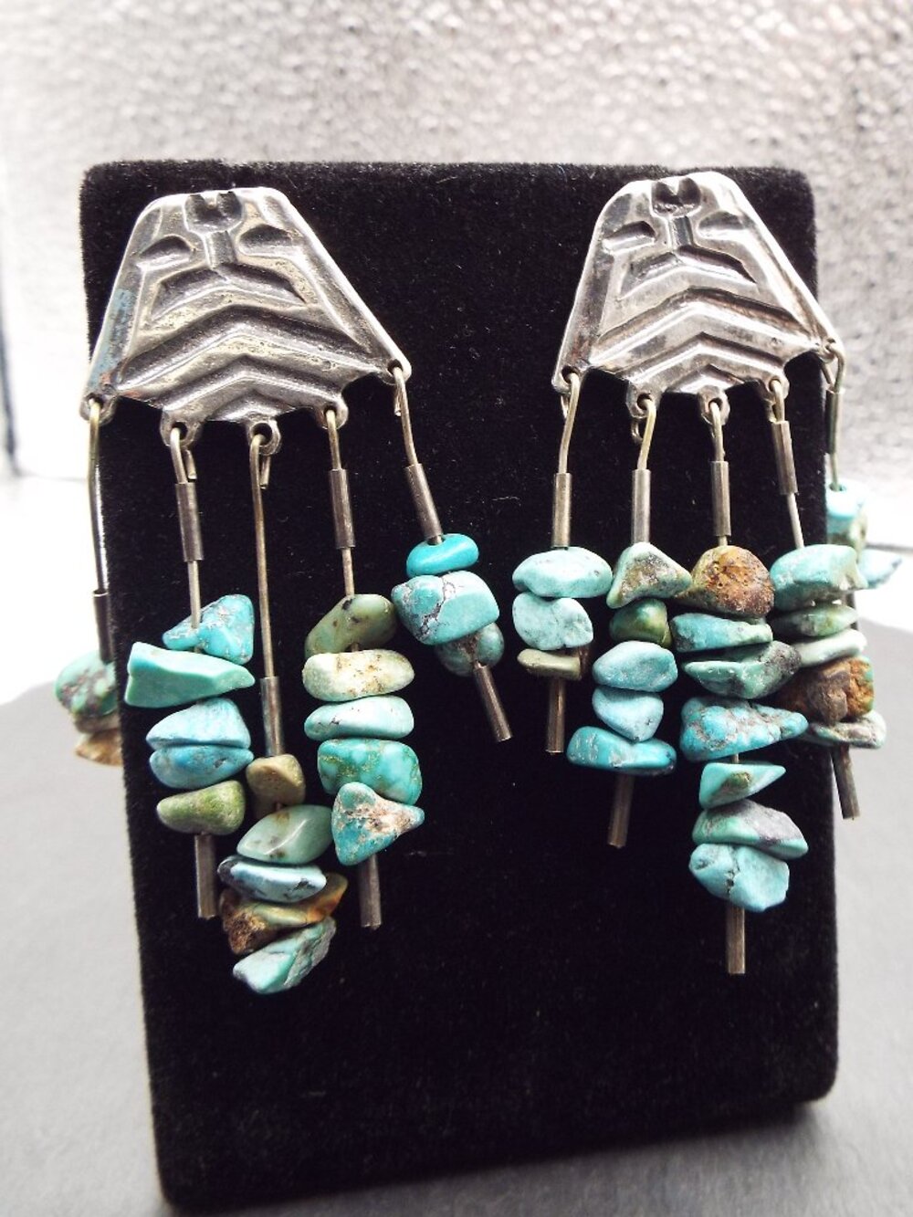 SYMBOLIC TEOTIHUACAN PYRAMID STERLING W/TURQUOISE CHUNKS "STEPS" EARRINGS BR